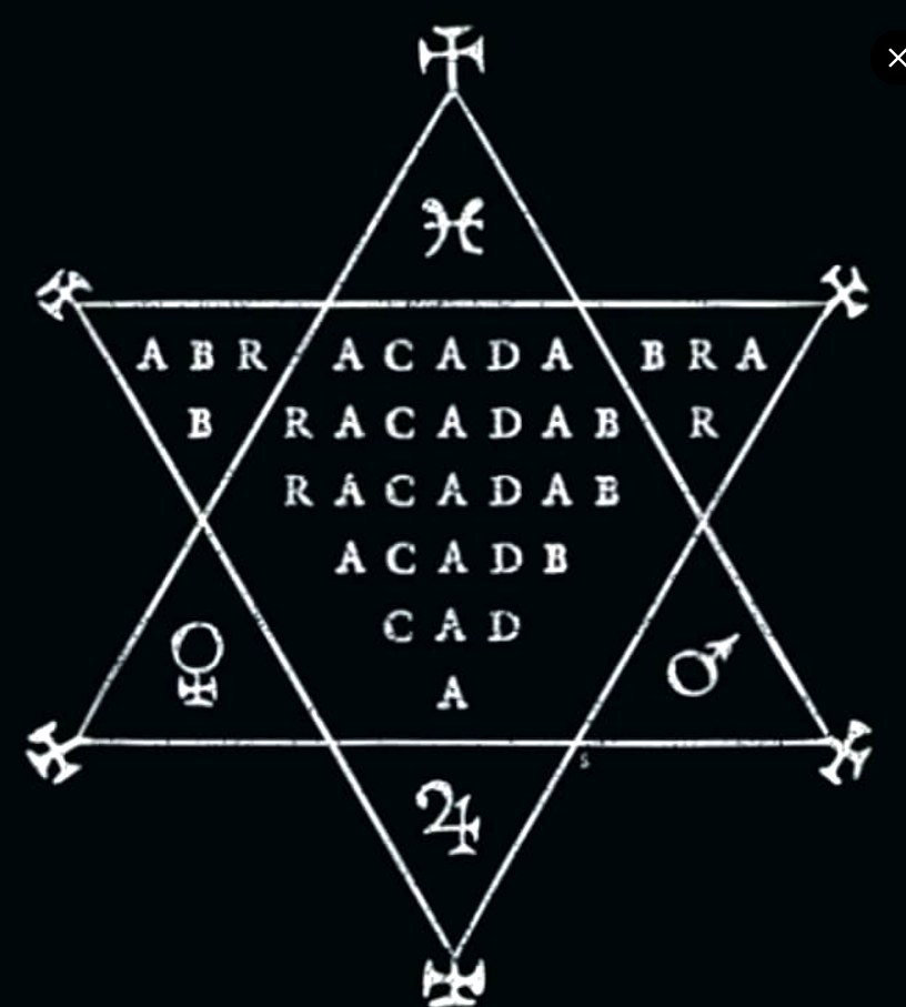 Abracadabra-amulet in combination with a hexagram. The hexagram, like the pentagram, was and is used in practices of the occult and ceremonial magic and is attributed to the 7 "old" planets outlined in astrology. The six-pointed star is commonly used both as a talisman and for conjuring spirits and spiritual forces in diverse forms of occult magic.