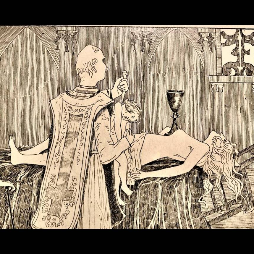 Depiction of a Black Mass ritual with infant sacrifice.