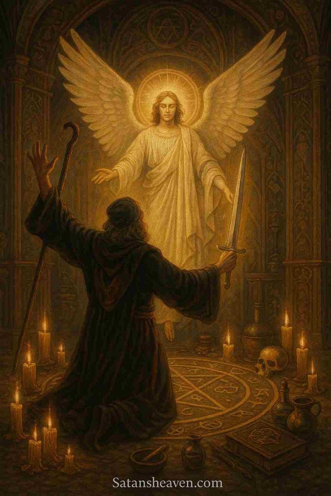 The conjuration of angels is a ritual practice aimed at summoning celestial beings to seek divine wisdom, protection, or guidance through sacred names and symbols.