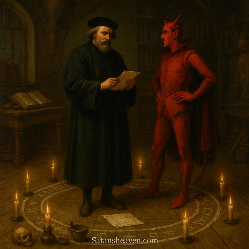 Faust, a scholar driven by insatiable desire for knowledge and power, makes a fateful pact with the demon Mephistopheles, trading his soul for worldly pleasures and forbidden wisdom.