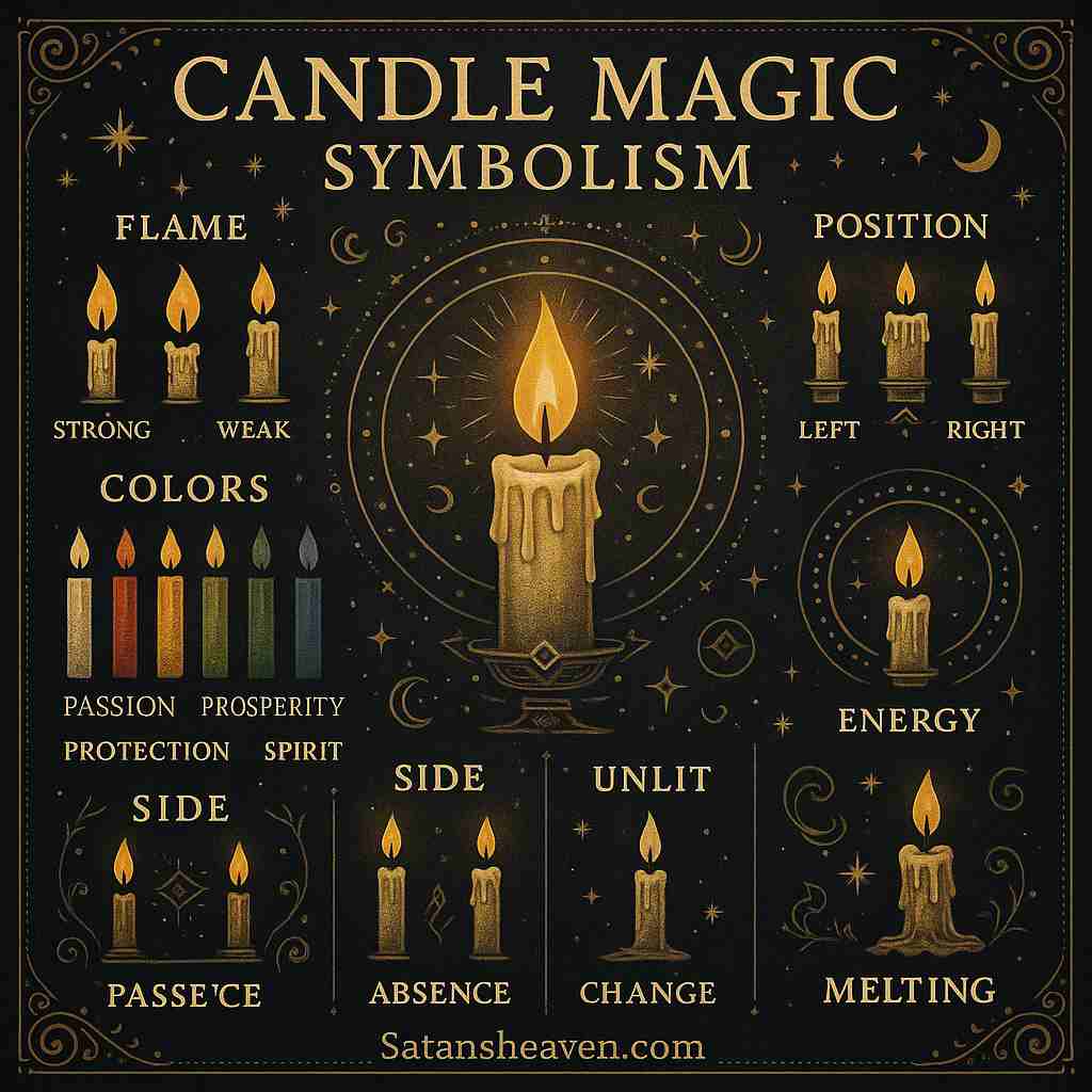 Symbolic meanings of candle colors, flames, positions, and states in candle magic represent different energies, intentions, and spiritual messages.