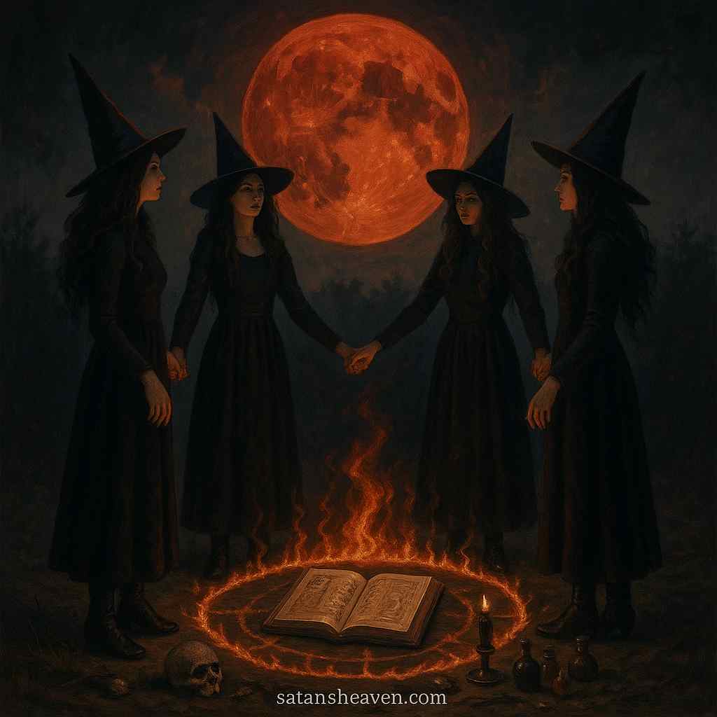 A witches’ coven is often portrayed as the secret gathering where dark pacts are sealed and souls are sold to infernal powers.